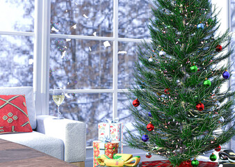 Christmas living room with Christmas tree, gifts and a glass of white wine on the sofa and view through the windows to the snowy landscape. Christmas parties. 3d Render.