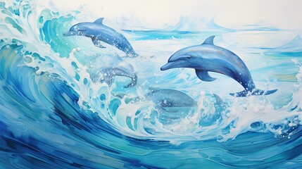  a painting of three dolphins swimming in the ocean waves with a white background.  generative ai
