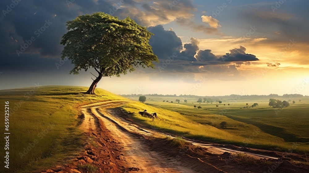 Poster a dirt road with a tree on the side of it. generative ai