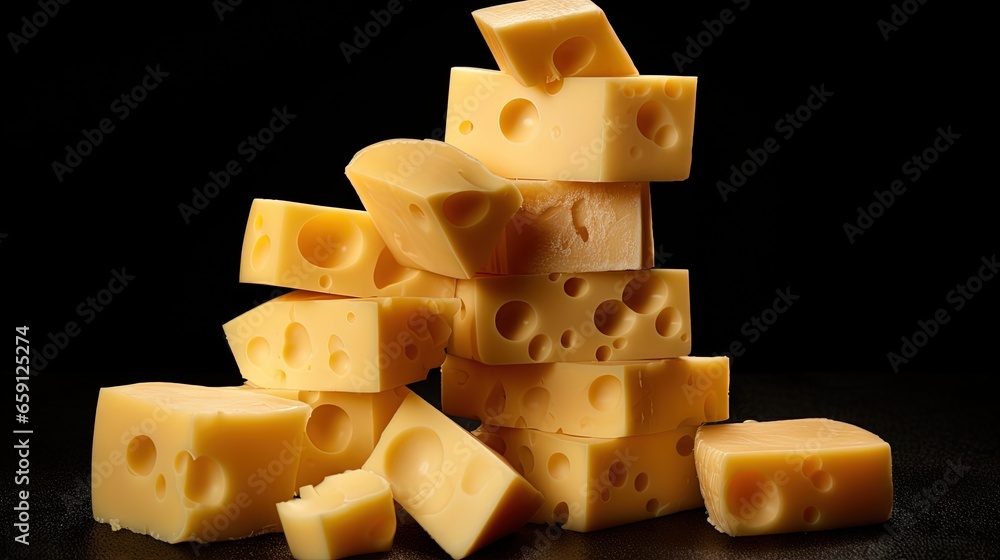 Poster a pile of cheese stacked on top of each other on a table. generative ai