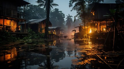  a group of houses sitting on the side of a river.  generative ai