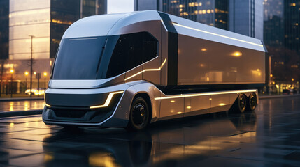 Futuristic truck through on streets at modern city, Future goods transport concept.