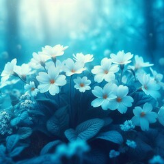 Obraz na płótnie Canvas Spring forest white flowers primroses on a beautiful blue background. Macro. Blurred gentle sky-blue background. Floral background desktop wallpaper a postcard. Romantic soft gentle artistic image.