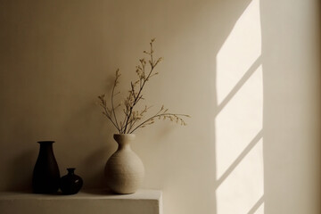 minimalist decorative objects and flowers on shelf with sunlight