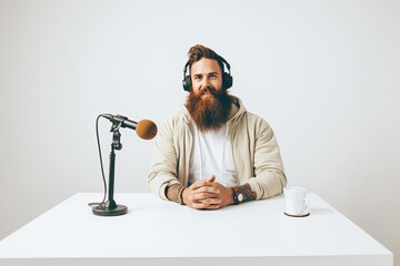 Male podcaster recording audio podcast with microphone from home studio