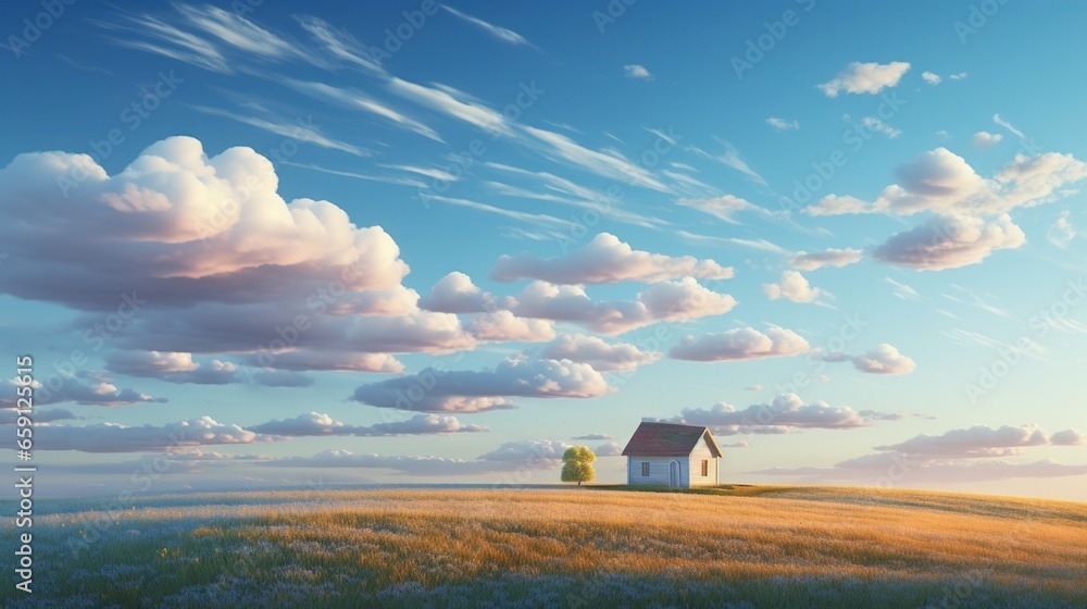 Poster a painting of a house in a field with clouds in the sky. generative ai
