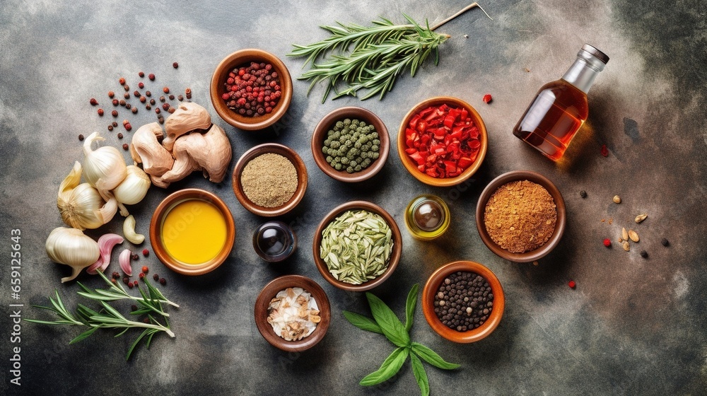 Poster a table topped with bowls of different types of spices and herbs. generative ai