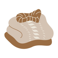 Pile of folded clothes flat vector illustration. Knitted woolen garment. Striped and checkered apparel. Packed outfit elements with pompons. Warm winter clothing isolated on white background.