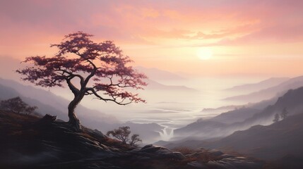  a painting of a lone tree on a mountain top at sunset.  generative ai
