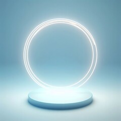 Minimalistic abstract blurry light blue background for product presentation with a circular neon glow.