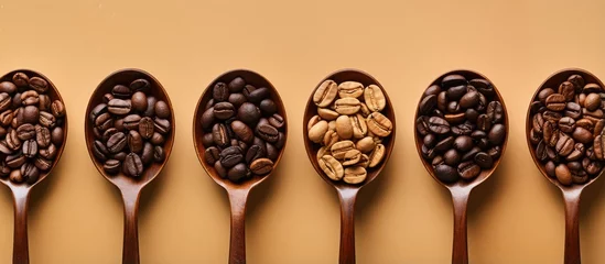 Fototapeten Bird s eye view of coffee beans in a small bowl with a spoon representing the concept of coffee © AkuAku