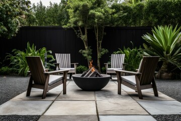 Fototapeta premium Captivating Four chair fireplace pit. Garden outdoor. Generate Ai