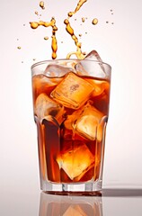 Glass of cola with ice cubes on white background.