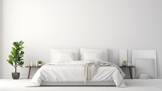 White bedroom for mockup, modern interior with bed, contemporary home furniture