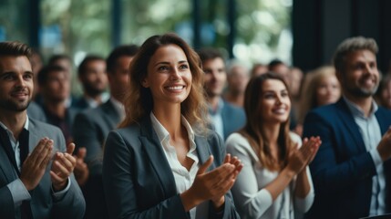 Business professionals applauding during conference, Applauding together in business meeting.