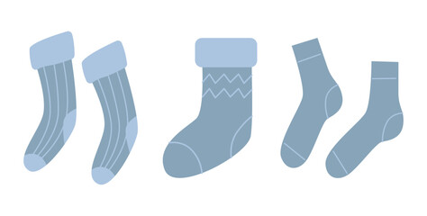 Pair of warm wool socks with ornament pattern. Winter woolen feet clothes. Cute cozy cotton foot apparel. Trendy hosiery design. Flat vector illustration isolated on white background