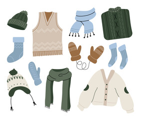 Collection of winter autumn cozy clothes and outerwear isolated on white background - woolen jumper, cardigan, socks, scarf, hat, mittens. Bundle of seasonal clothing. Colorful vector illustration.