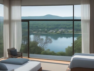 Experience the serene beauty of a minimalist bedroom, with a breathtaking panoramic view of a tranquil lake through floor-to-ceiling windows