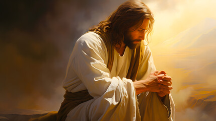 The resurrected Jesus Christ ascending to heaven above the bright light sky and clouds and God, Heaven and Second Coming concept