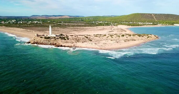 Faro de Trafalgar, aerial view of the lighthouse at a sandy headland with dunes between Los Ca&ntilde;os de Meca and Zahora, Conil de la Frontera, Vejer de la Frontera, Costa de la Luz, Andalusia, Spain