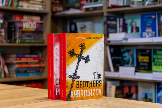 Close-up of Fyodor Dostoevsky's The Brothers Karamazov novel in the bookstore.