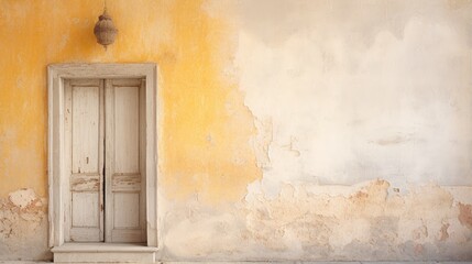 Fototapeta premium The dilapidated wall of the building and the wooden door require major repairs. Facade of a house with damaged plaster. Photophone for retro shooting. Illustration for cover, card, interior design.