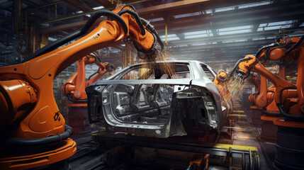 An automotive manufacturing plant's paint booth, robots applying precision coatings