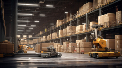 An automated warehouse with robots moving stacks of goods - obrazy, fototapety, plakaty