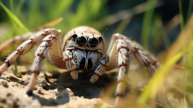 tarantula cute spider with a fluffy body and black eyes, on the grass, macro