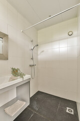 a bathroom with a sink, mirror and shower head mounted on the wall next to it is a flower in a vase