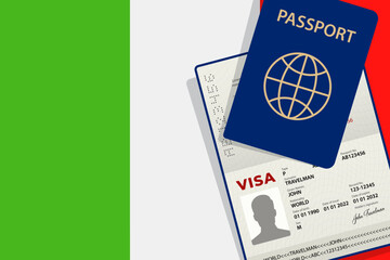 Visa to Italy and Passport. Italian Flag Background. Vector illustration