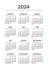 Vector calendar 2024 year. Week starts from Sunday