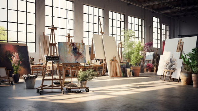 An art studio with a few canvases and easels and a few art supplies scattered around