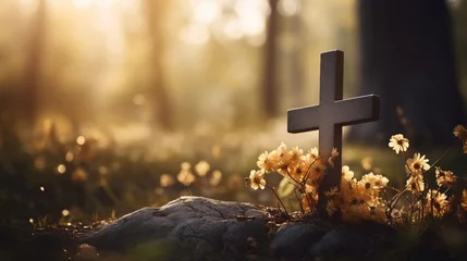 Fotobehang Capture the solemn beauty of a Catholic cemetery with a grave marker and cross engraved on it set against a softly blurred background to create a sense of peaceful serenity Funeral concept © Sourav Mittal