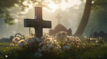 Capture the solemn beauty of a Catholic cemetery with a grave marker and cross engraved on it set against a softly blurred background to create a sense of peaceful serenity Funeral concept