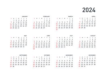 Vector calendar 2024 year. Week starts from Sunday