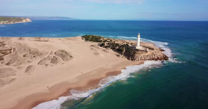 Faro de Trafalgar, aerial view of the lighthouse at a sandy headland with dunes between Los Ca&ntilde;os de Meca and Zahora, Conil de la Frontera, Vejer de la Frontera, Costa de la Luz, Andalusia, Spain