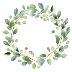 Foto op Plexiglas Watercolor Eucalyptus wreath leaves and branche frame, for wedding stationary, greetings, wallpapers, fashion, background. Eucalyptus, olive, green leaves elegant isolated transparent background, PNG. © HappyTime 17