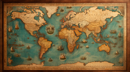 An antique map with brightly colored countries and oceans on a wooden stand