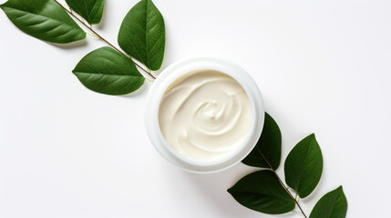 Cosmetic skin care cream with leaves on white background, beauty makeup healthy skincare concept  - obrazy, fototapety, plakaty