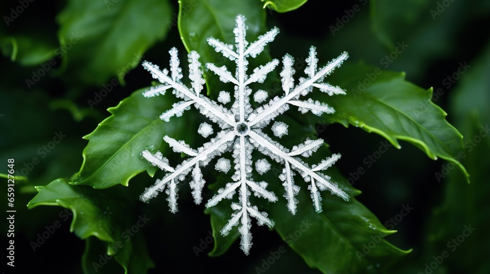 Poster a close up of a snowflake on a leaf. generative ai
