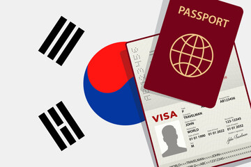 Visa to South Korea and Passport. South Korean Flag Background. Vector illustration