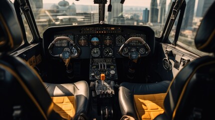 Interior of a modern helicopter, The cockpit with advanced avionics. - obrazy, fototapety, plakaty