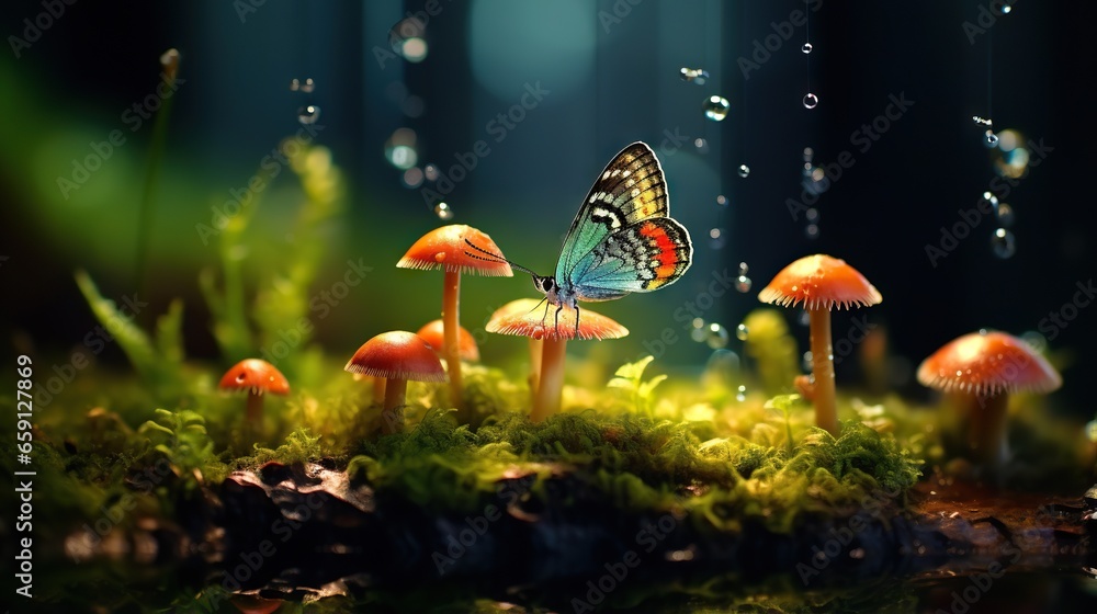 Poster a group of mushrooms with a butterfly on top of them. generative ai