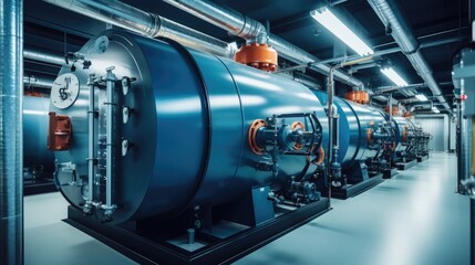 Obraz premium Boiler room for steam production of factory industrial, Large metal tanks and pipes, Heat generation industry.