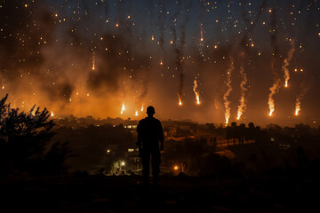 Views of the Israeli sky filled with paratrooper flares during military conflicts  - obrazy, fototapety, plakaty