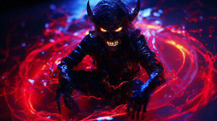 Naklejka premium Emotional Devil Halloween Character in Neon-lit Landscape