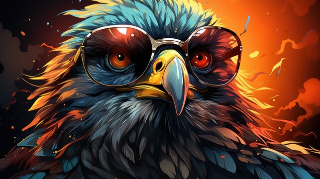 The digital painting depicts an eagle wearing dark glasses. Depiction of a wild bird in artistic style and large strokes. Illustration for cover, card, postcard, interior design, decor or print.