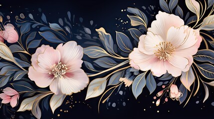  a painting of pink flowers and leaves on a black background.  generative ai