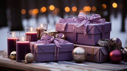 Colourful Christmas presents in a winter landscape with bokeh lighting.
